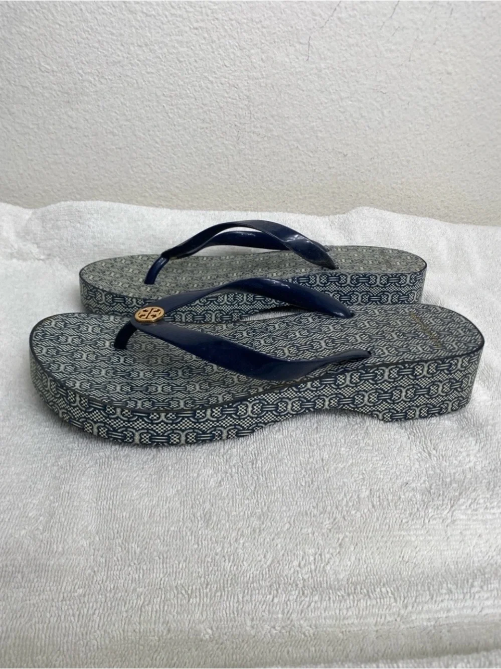 Tory Burch Women Navy Chainlink Platform Thong Sandal Size 8.5 Coastal Classic